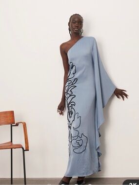 ARRANGE contrast embroidered floral one shoulder maxi dress in blue